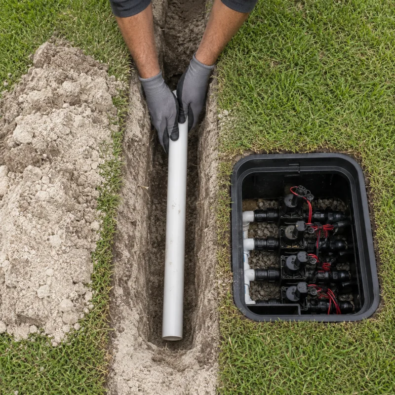 Haines City Irrigation Solutions installing a sprinkler lateral line and a four-valve manifold in an accessible valve box