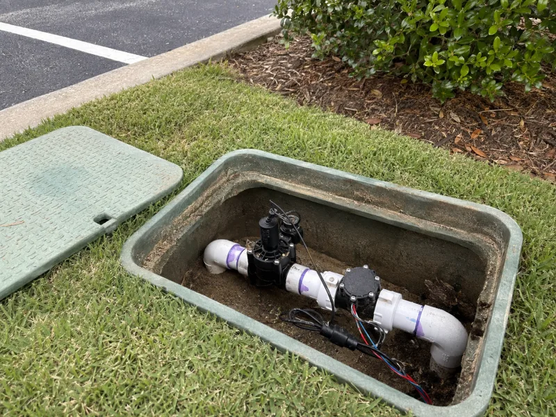 Residential in-ground sprinkler system valve box, where the controller opens each irrigation zone separately
