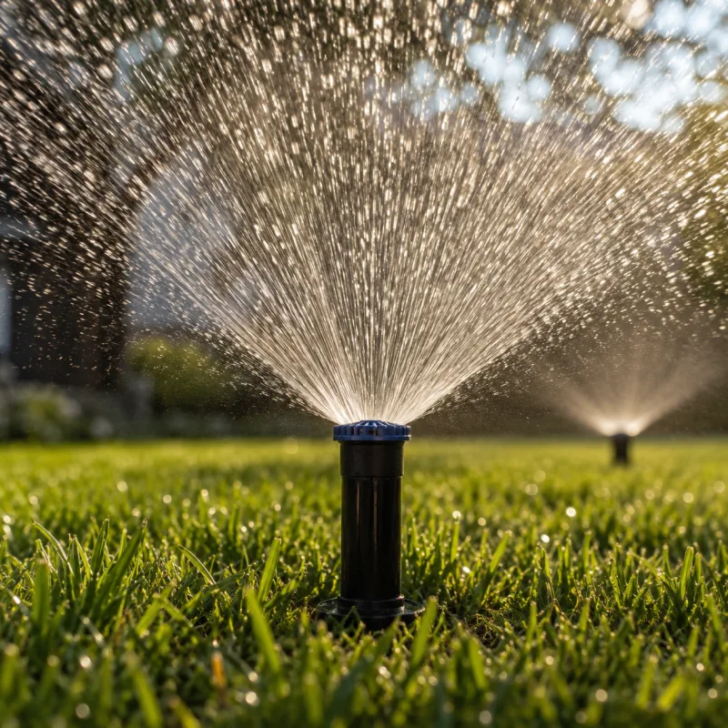Gear-driven rotor watering a Haines City lawn during the dry season, when the same depth of water is needed more often