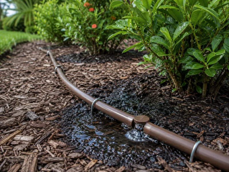 Drip and micro-irrigation tubing watering a planting bed at the roots on ridge sand