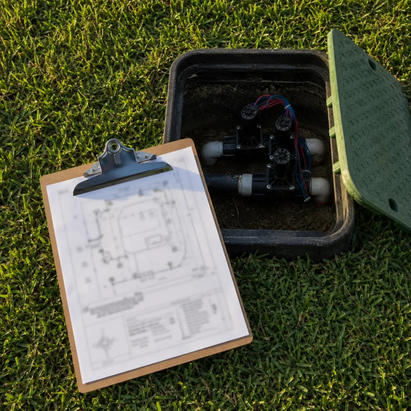 Irrigation inspection and audit — an as-built zone map recorded beside an open valve box