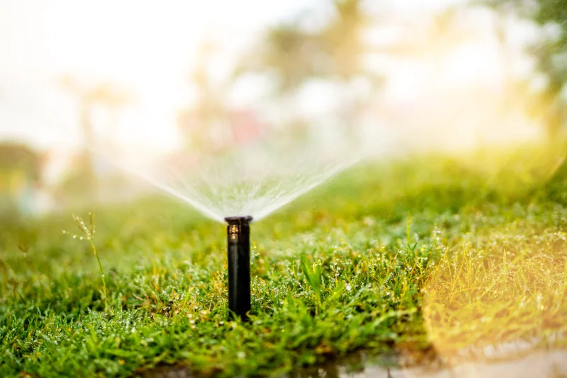 Irrigation system maintenance — a pop-up spray head running during a scheduled zone check