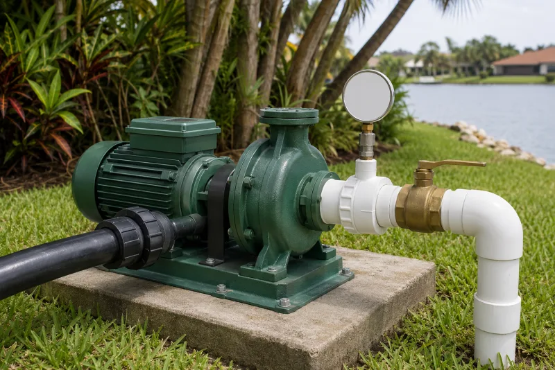 Irrigation pump and pressure gauge sized for the highest-flow zone on a lakefront property