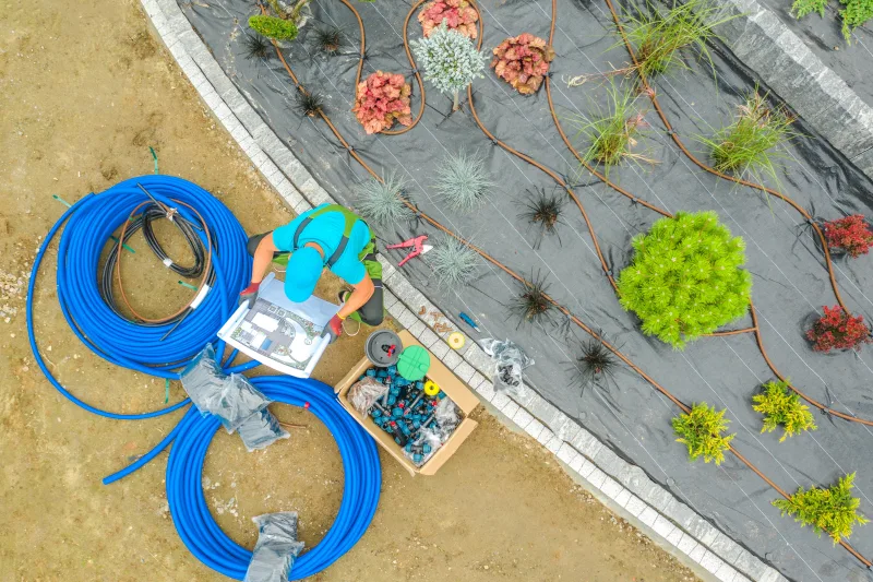 New construction irrigation — mainline and lateral tubing laid out before landscaping